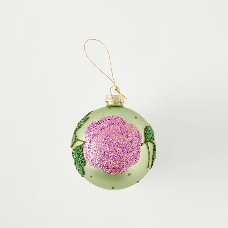 Vintage Glass Green & Pink Flower Glitter Ball Ornament