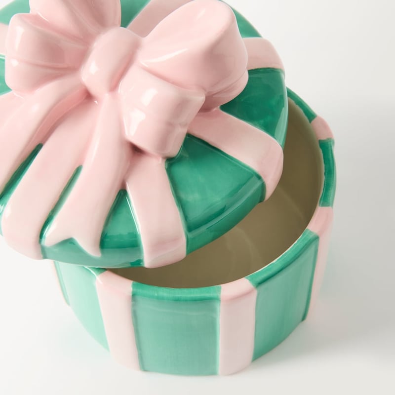 Bow Green & Pink Round Trinket Holder