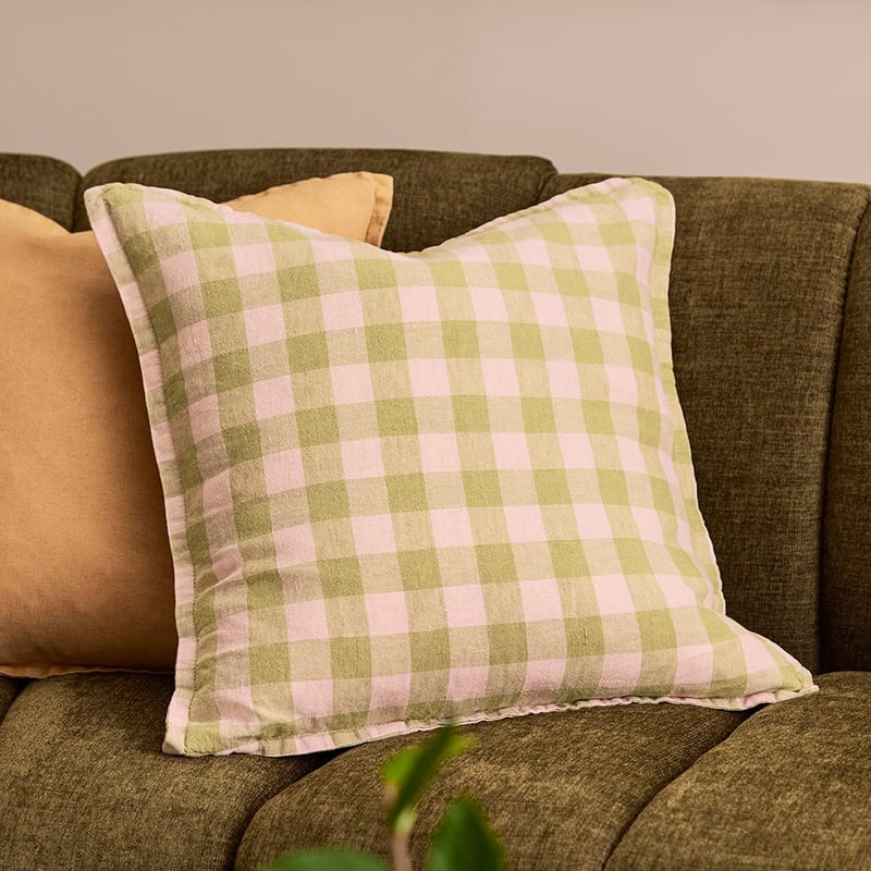 Belgian Olive Green & Nude Pink Check Vintage Washed Linen Cushion