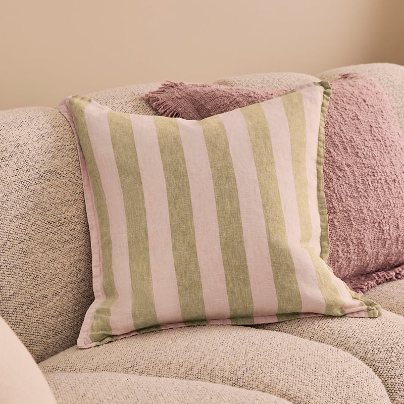 Belgian Olive Green & Nude Pink Stripe Vintage Washed Linen Cushion