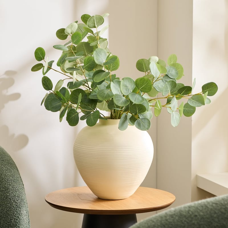 Cream & Green Flower Eucalyptus in Belly Ceramic Vase