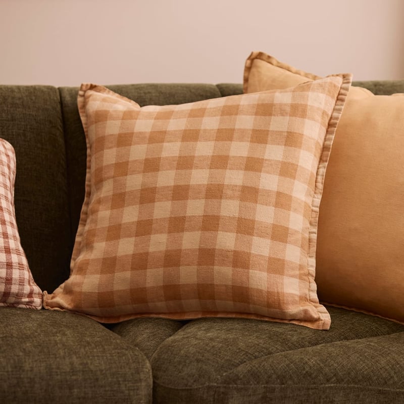 Belgian Almond & Sand Check Vintage Washed Linen Cushion