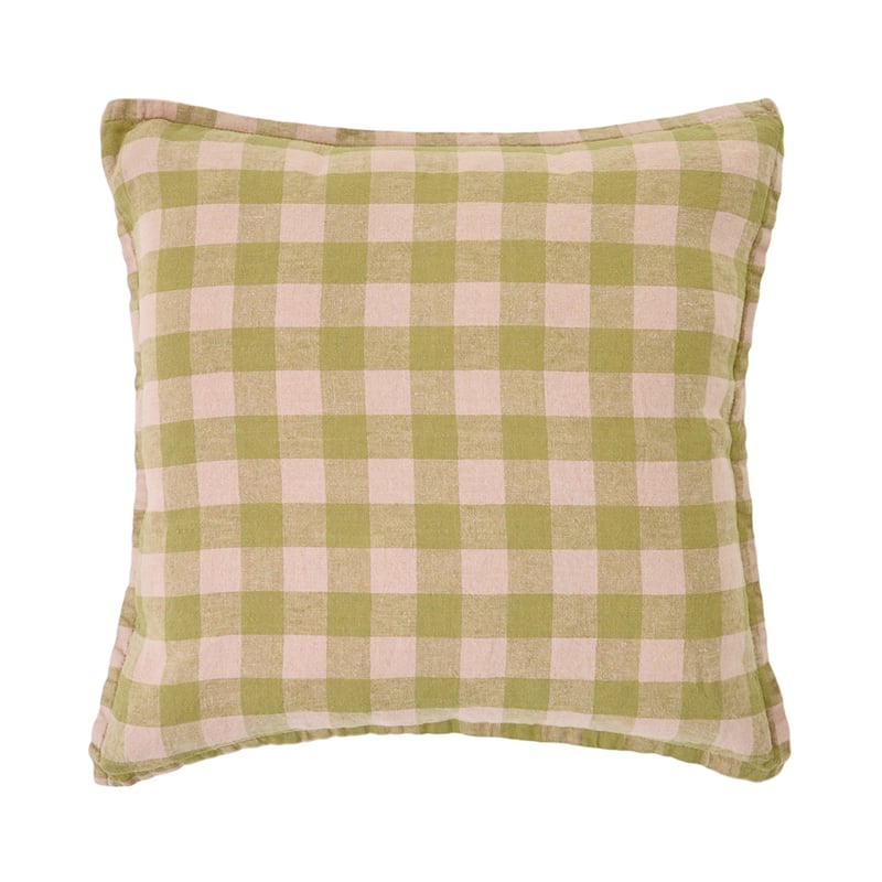 Belgian Olive Green & Nude Pink Check Vintage Washed Linen Cushion