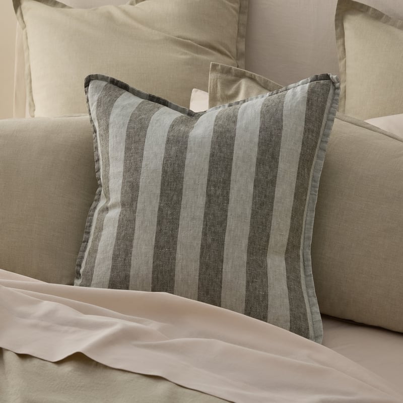Belgian Gum Leaf & Pine Stripe Vintage Washed Linen Cushion