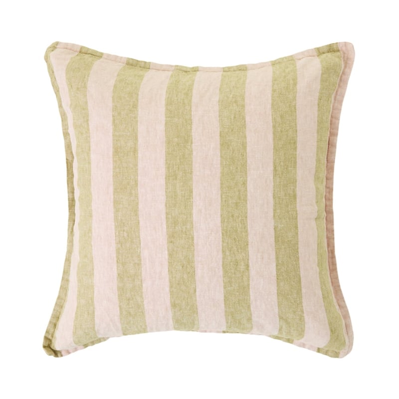 Belgian Olive Green & Nude Pink Stripe Vintage Washed Linen Cushion