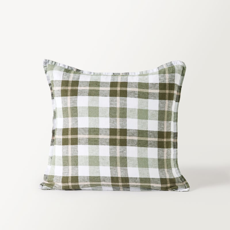Belgian Green Louis Check Vintage Washed Linen Cushion