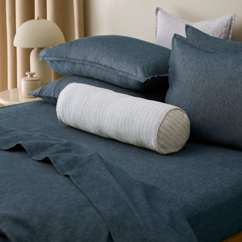 Belgian Vintage Washed Linen Linen & Light Denim Bengal Stripe Bolster Cushion