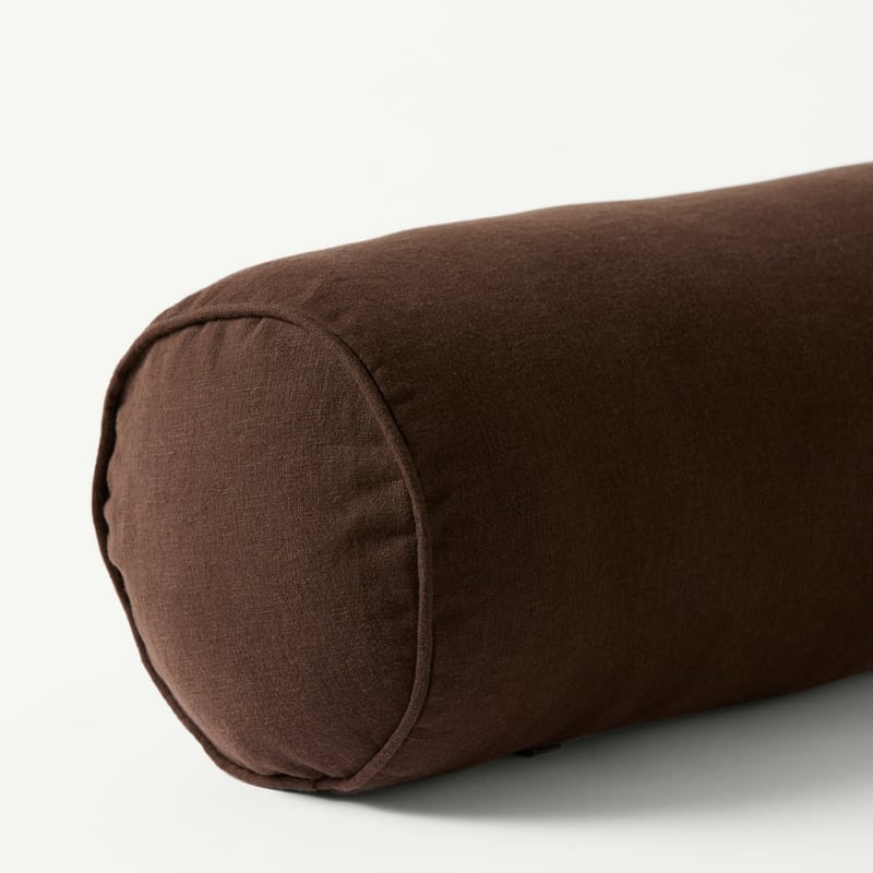 Belgian Vintage Washed Linen Chocolate Bolster Cushion
