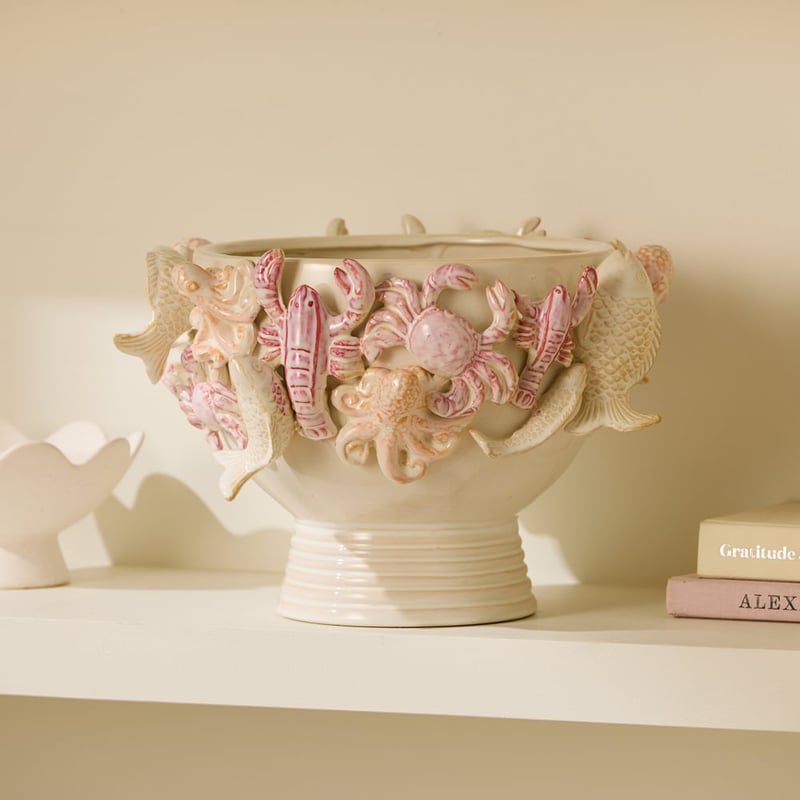 Sea Creatures White & Pink Footed Bowl