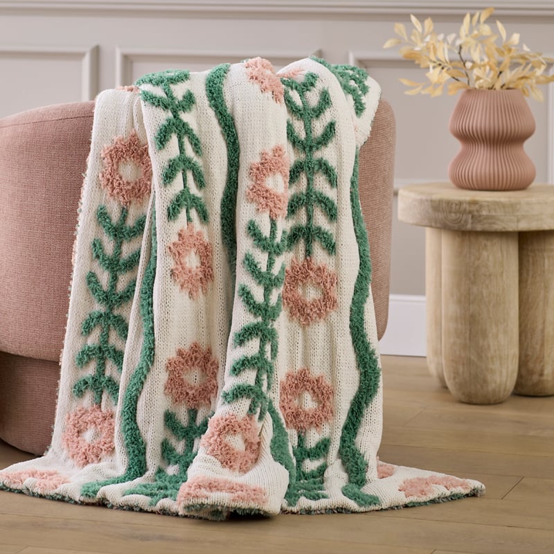 Elsie Natural & Green Feather Knit Throw