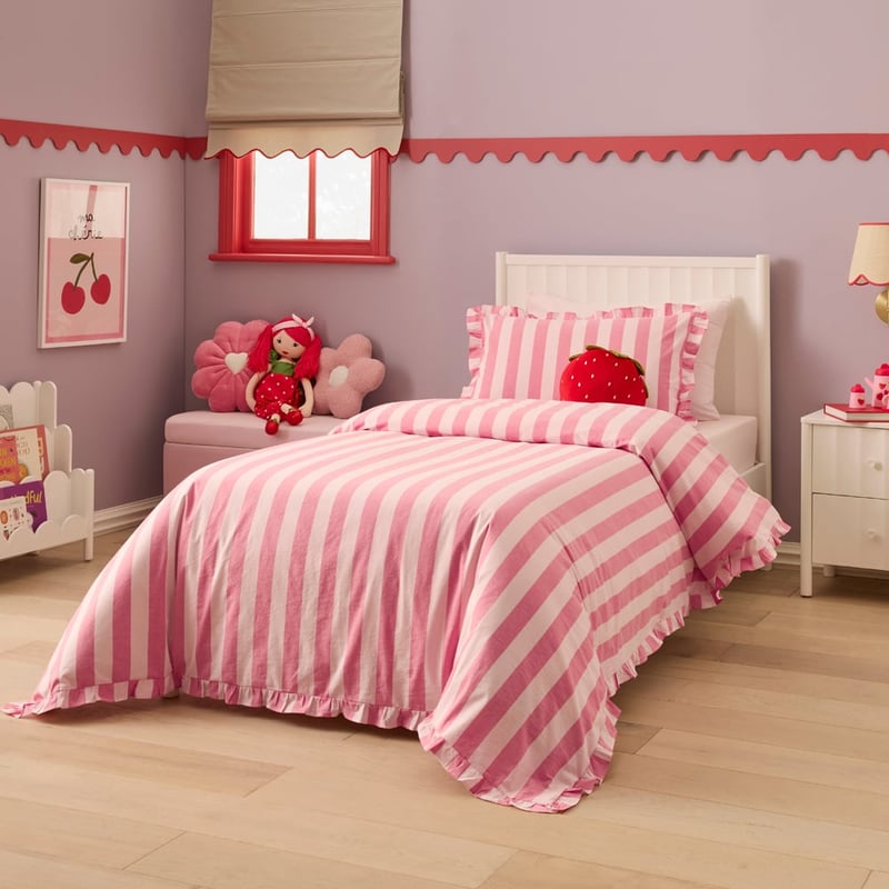 Stonewashed Muted Pink Red Ruffle Stripe Quilt Cover Set