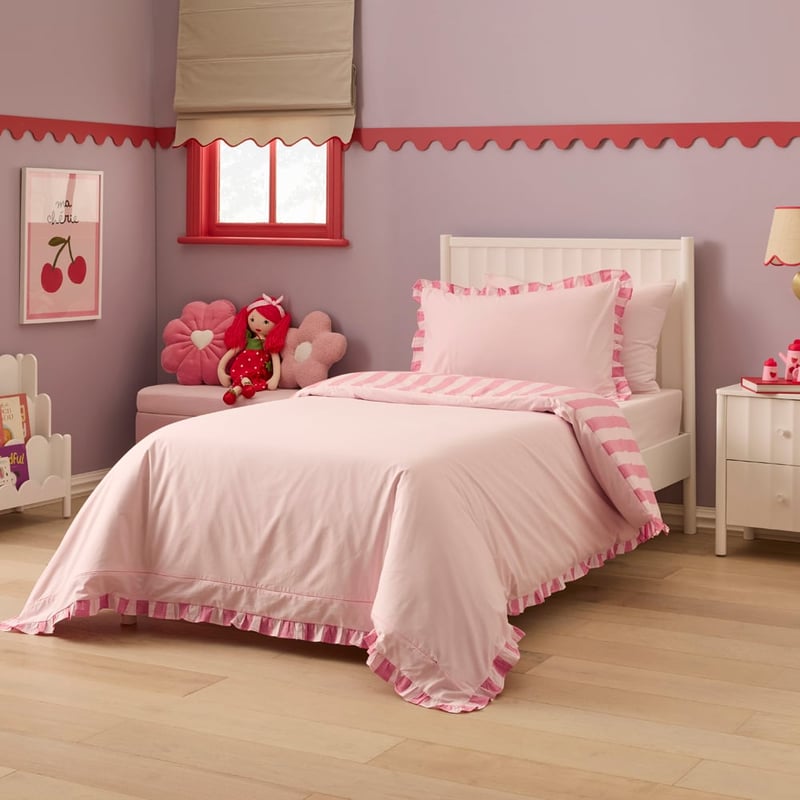 Stonewashed Muted Pink Red Ruffle Stripe Quilt Cover Set