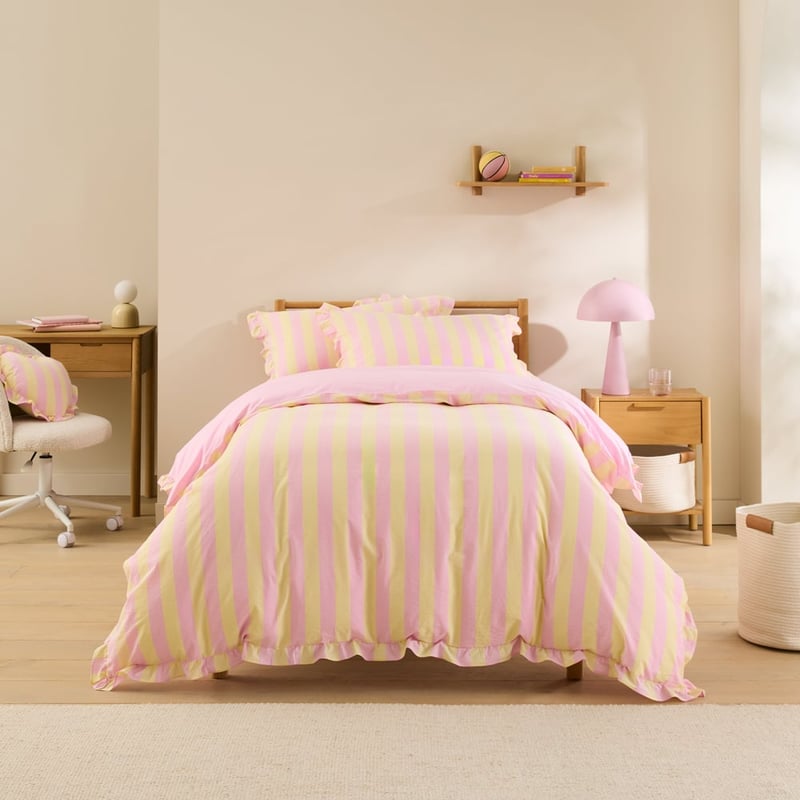 Stonewashed Pink & Lemon Ruffle Stripe Quilt Cover Set