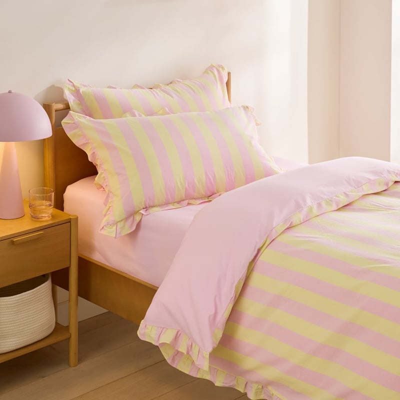 Stonewashed Pink & Lemon Ruffle Stripe Quilt Cover Set