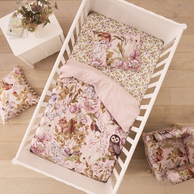 Fleur Harris Woodland Pink Velvet Quilted Cot Quilt Cover Set