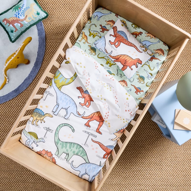 Dino Walk Natural Cot Quilt Cover Set