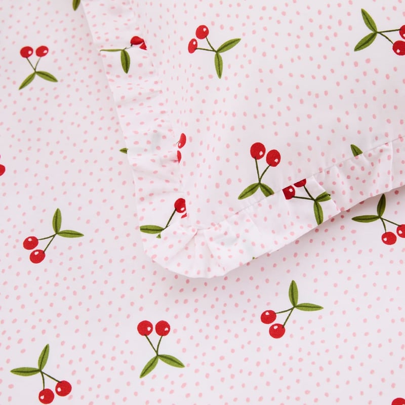 Cherry White Ruffle Cot Sheet Set