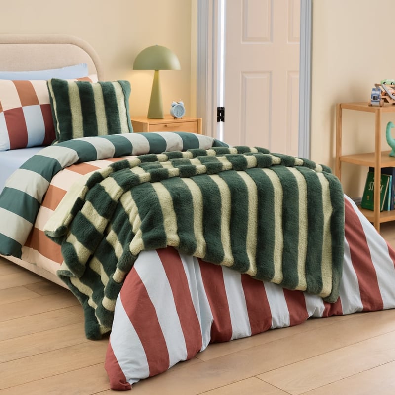Recycled Faux Fur Green Stripe Throw