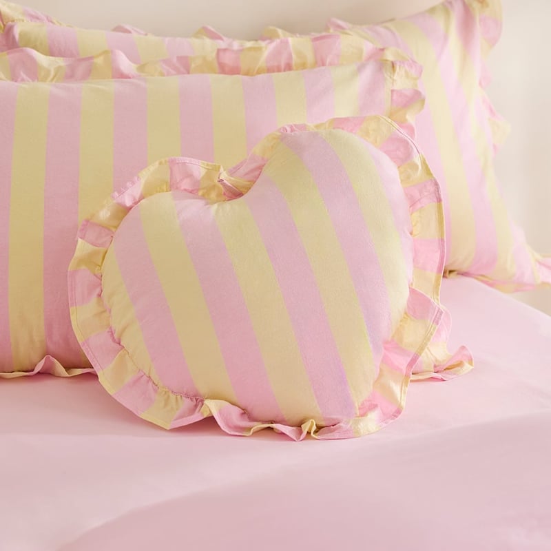 Stonewashed Pink & Lemon Ruffle Stripe Heart Cushion