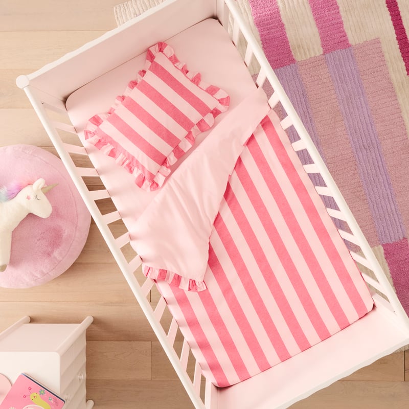 Stonewashed Muted Pink Red Ruffle Stripe Cot Quilt Cover Set