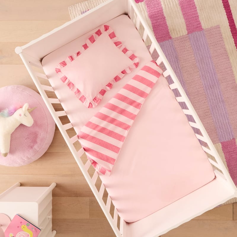 Stonewashed Muted Pink Red Ruffle Stripe Cot Quilt Cover Set