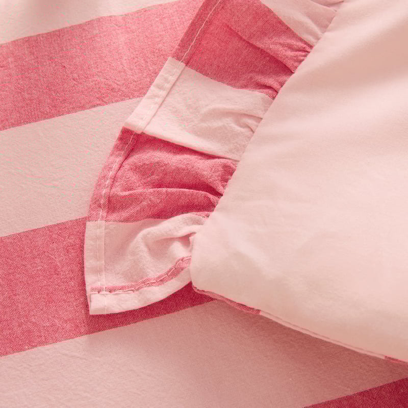 Stonewashed Muted Pink Red Ruffle Stripe Cot Quilt Cover Set