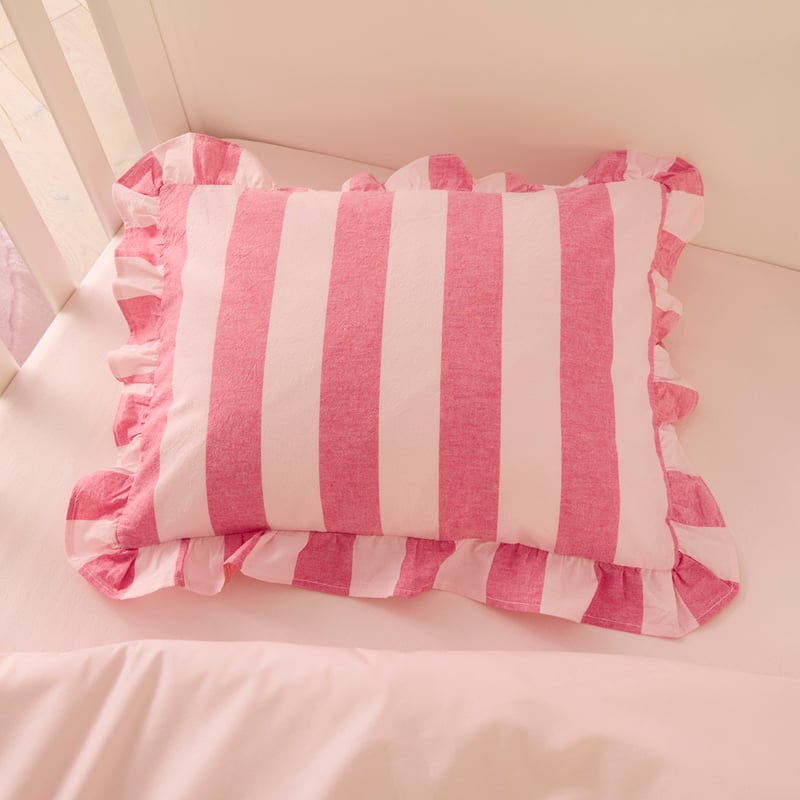 Stonewashed Muted Pink Red Ruffle Stripe Cot Quilt Cover Set