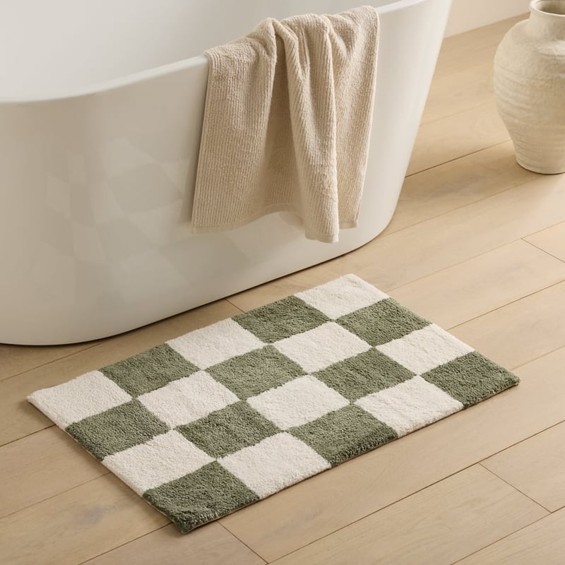 Natural & Moss Check Bath Mat
