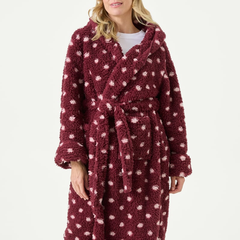 Printed Polka Dot Burgundy Sherpa Hooded Robe