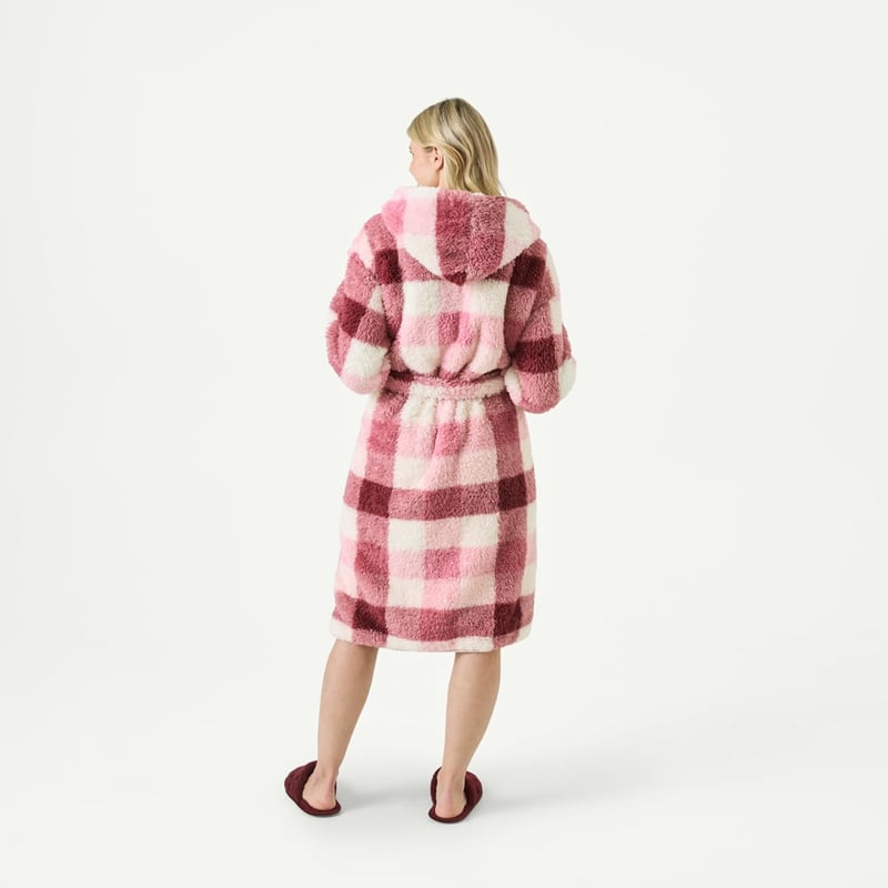 Printed Pink Multi Check Sherpa Hooded Robe
