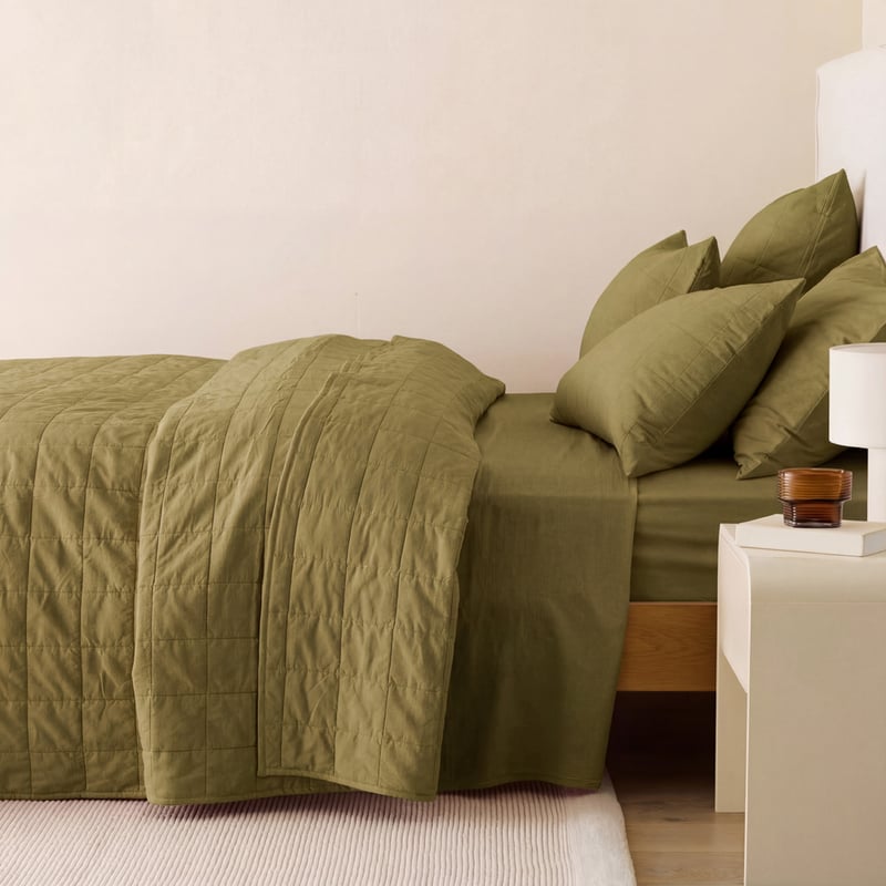 Stonewashed Cotton Olive Quilted Coverlet Separates
