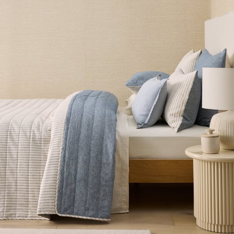 Linen Cotton Bluestone Stripe Quilted Coverlet Separates