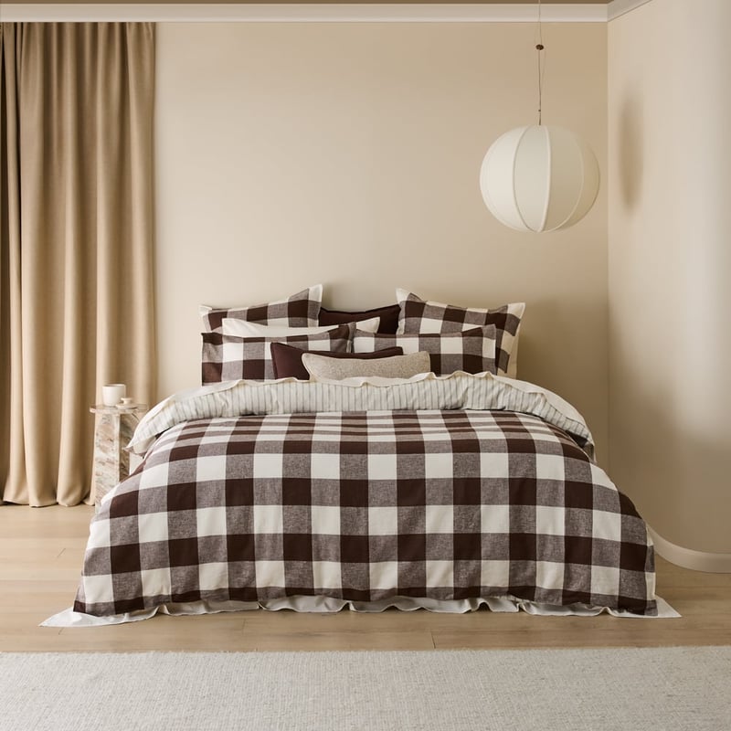 Linen Cotton Chocolate Check Quilt Cover Set + Separates