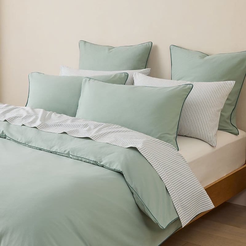 Stonewashed Cotton Mineral & Seapine Piped Quilt Cover Separates