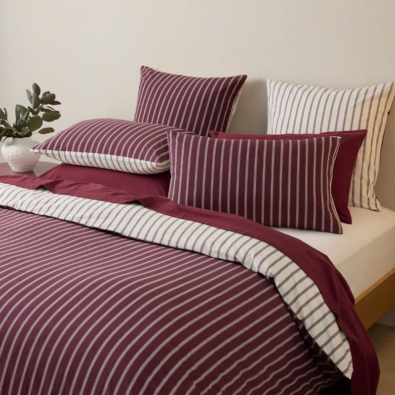 Stonewashed Cotton Burgundy & Coconut Stripe Pillowcases 