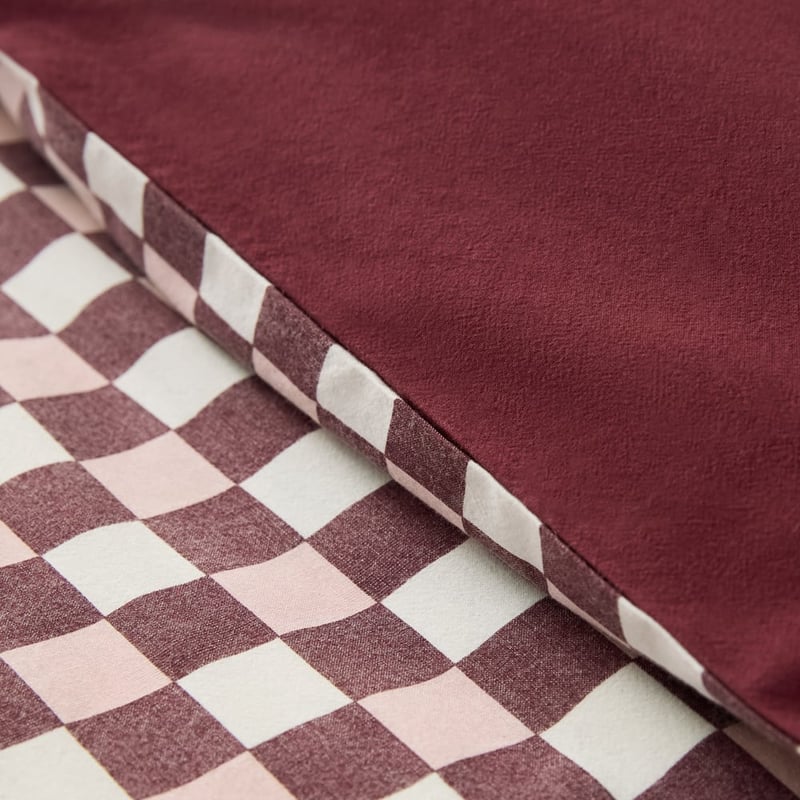 Stonewashed Cotton Burgundy & Peony Check Pillowcase
