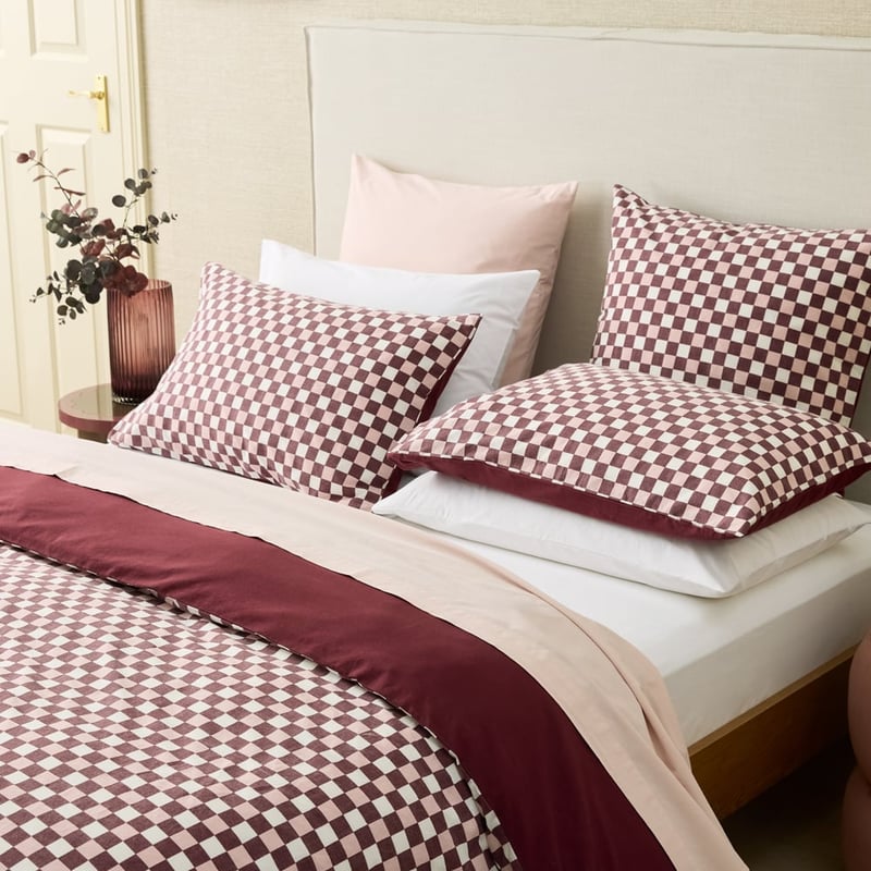 Stonewashed Cotton Burgundy & Peony Check Pillowcase