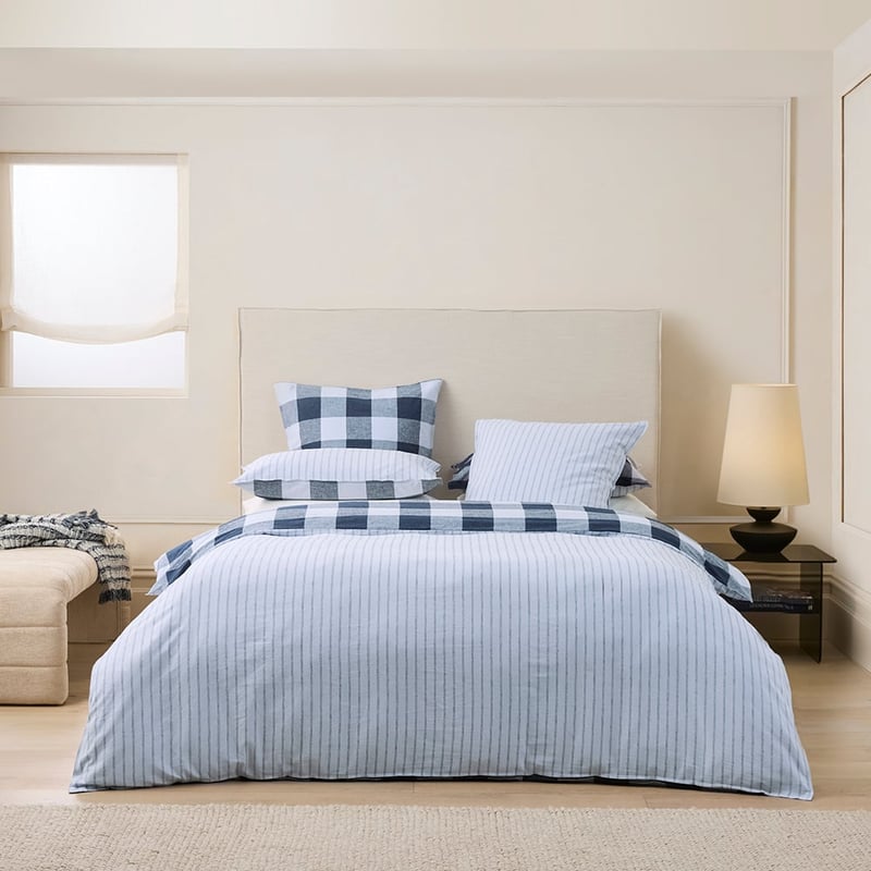 Linen Cotton Denim Check Quilt Cover Set Set + Separates