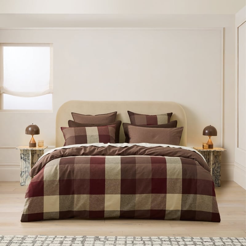 Linen Cotton Burgundy Elijah Check Quilt Cover Set + Separates