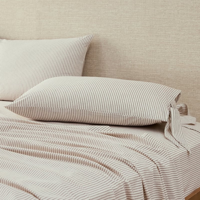 Stonewashed Cotton Coconut & Chocolate Thin Stripe Sheet Separates