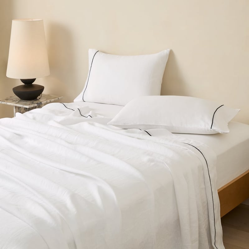 Vintage Washed Linen White & Onyx Piped Sheet Separates