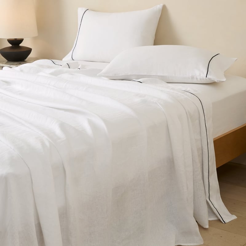 Vintage Washed Linen White & Onyx Piped Sheet Separates