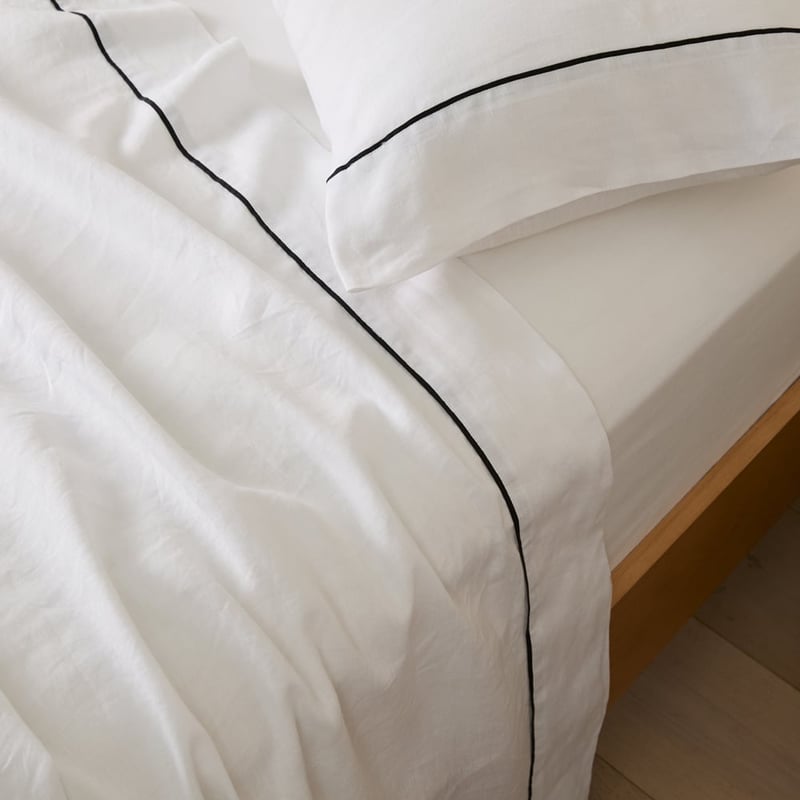 Vintage Washed Linen White & Onyx Flat Piped Pillowcases