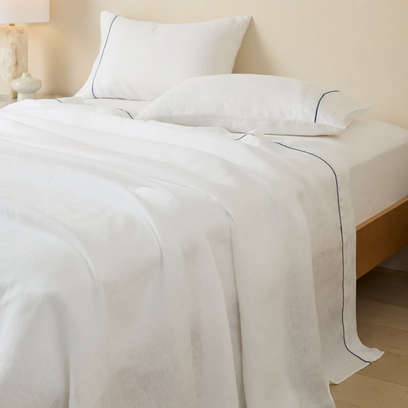 Vintage Washed Linen White & Denim Piped Sheet Separates