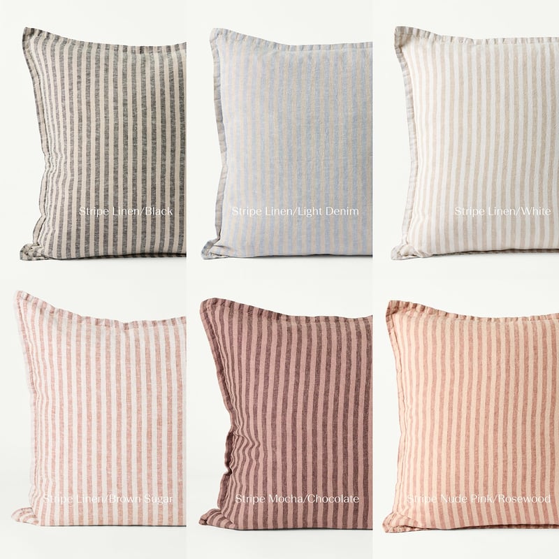 Belgian Vintage Washed Linen Nude Pink & Rosewood Bengal Stripe Cushion