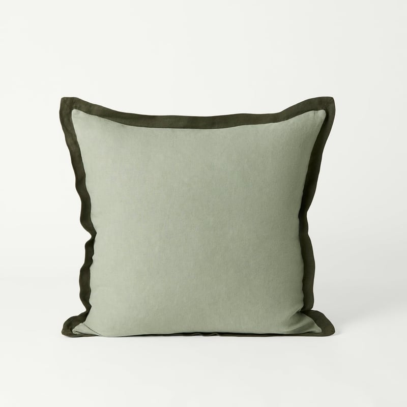 Belgian Vintage Washed Linen Gumleaf & Pine Border Cushion