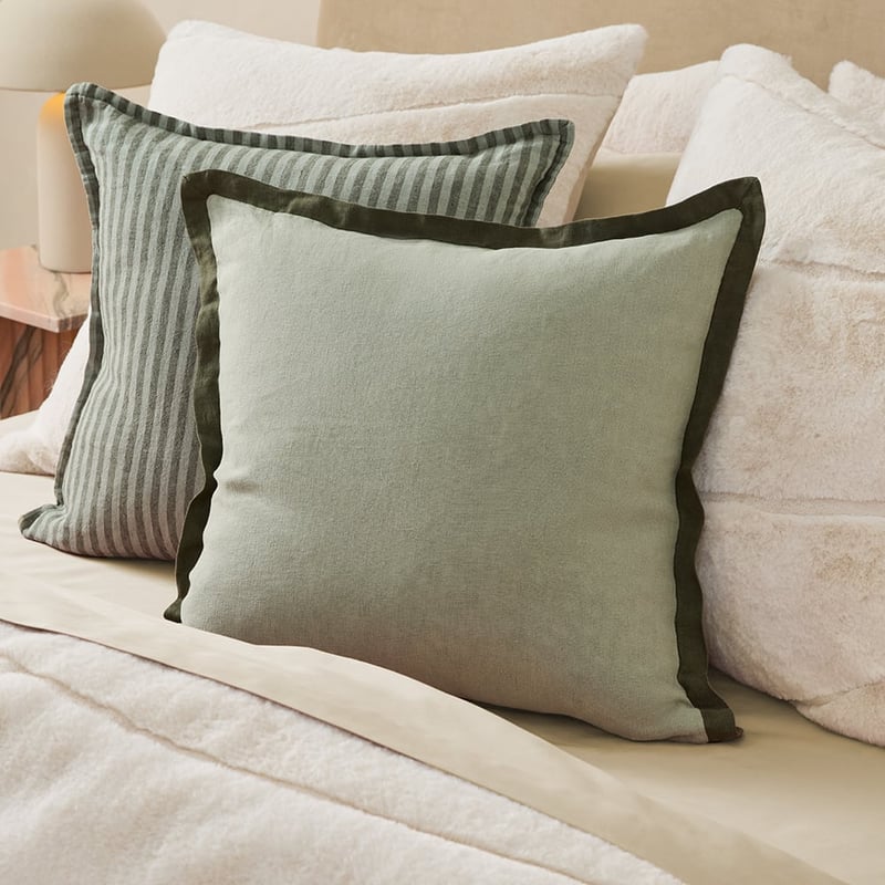 Belgian Vintage Washed Linen Gumleaf & Pine Border Cushion