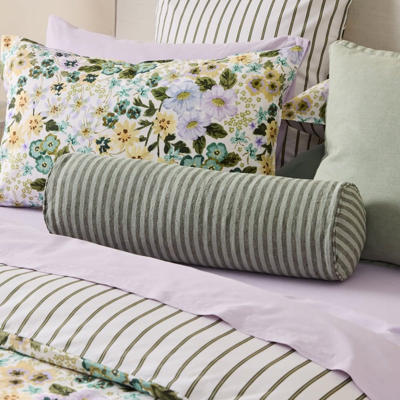 Belgian Vintage Washed Linen Gumleaf & Pine Bengal Stripe Bolster Cushion