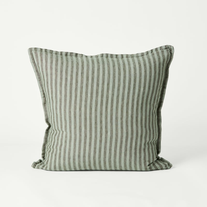 Belgian Vintage Washed Linen Bengal Stripe Gumleaf & Pine Cushion