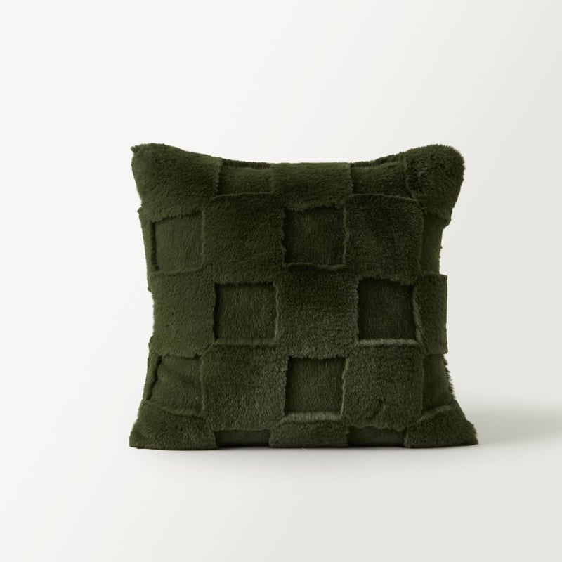 Clea Ivy Check Recycled Fur Cushion